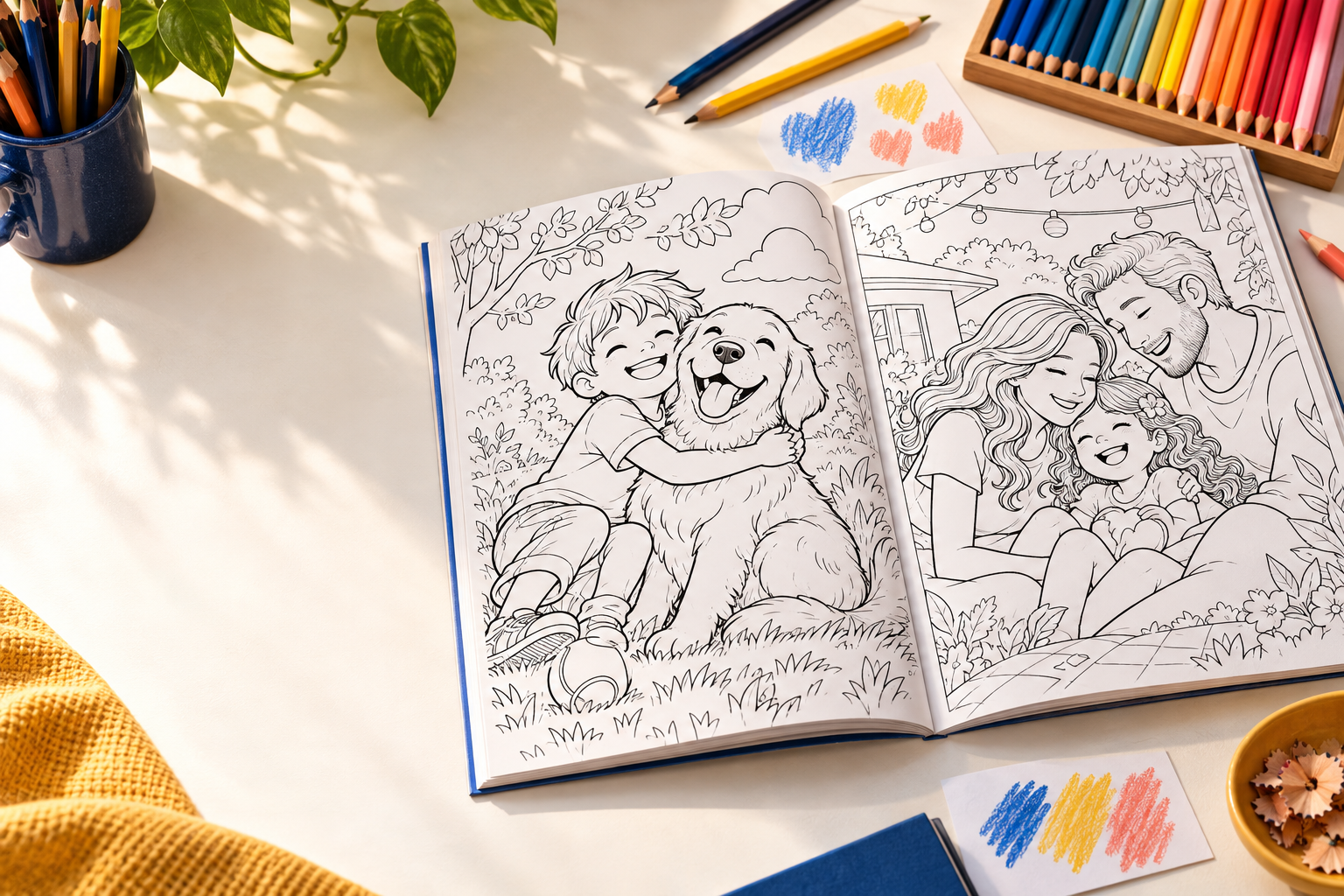 Livro de colorir personalizado aberto com cenas de criança, pet e família